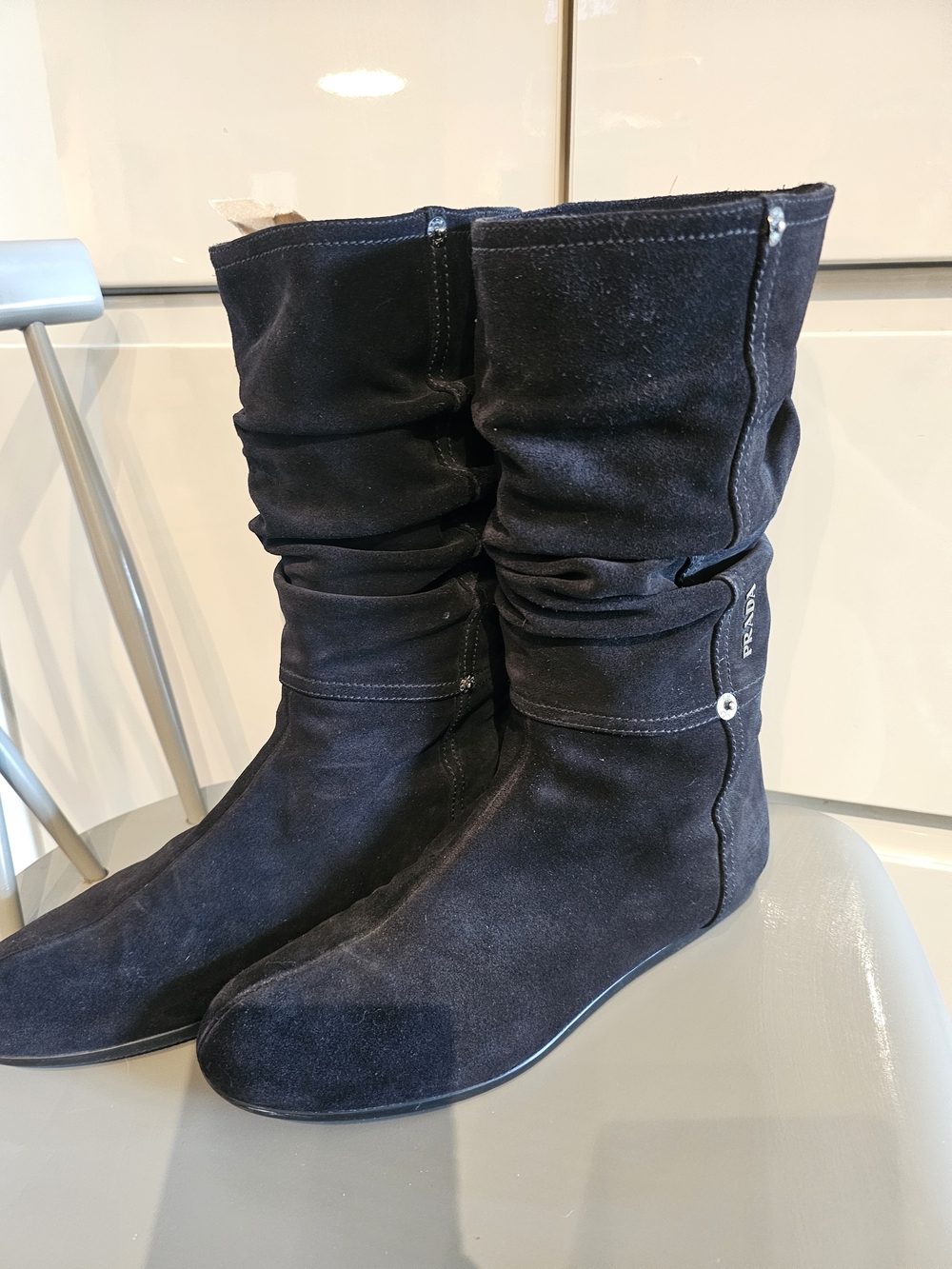 Prada Black Suede Slouchy Mid-Calf Boots